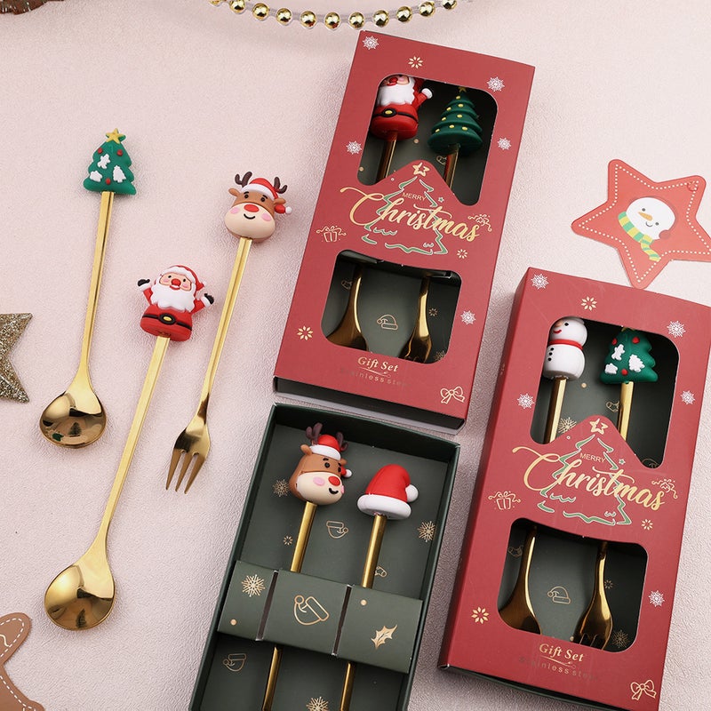 Christmas Spoon Suit Christmas Gift Tableware Two-Piece Dessert Spoon Fork Santa Elk - Image 5